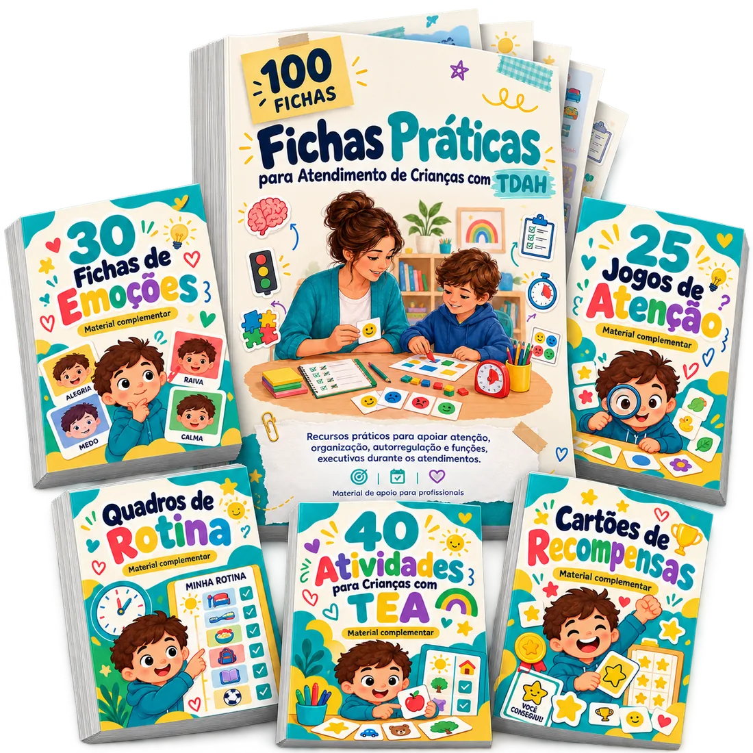Mockup do material 100 Fichas Práticas para Crianças com TDAH